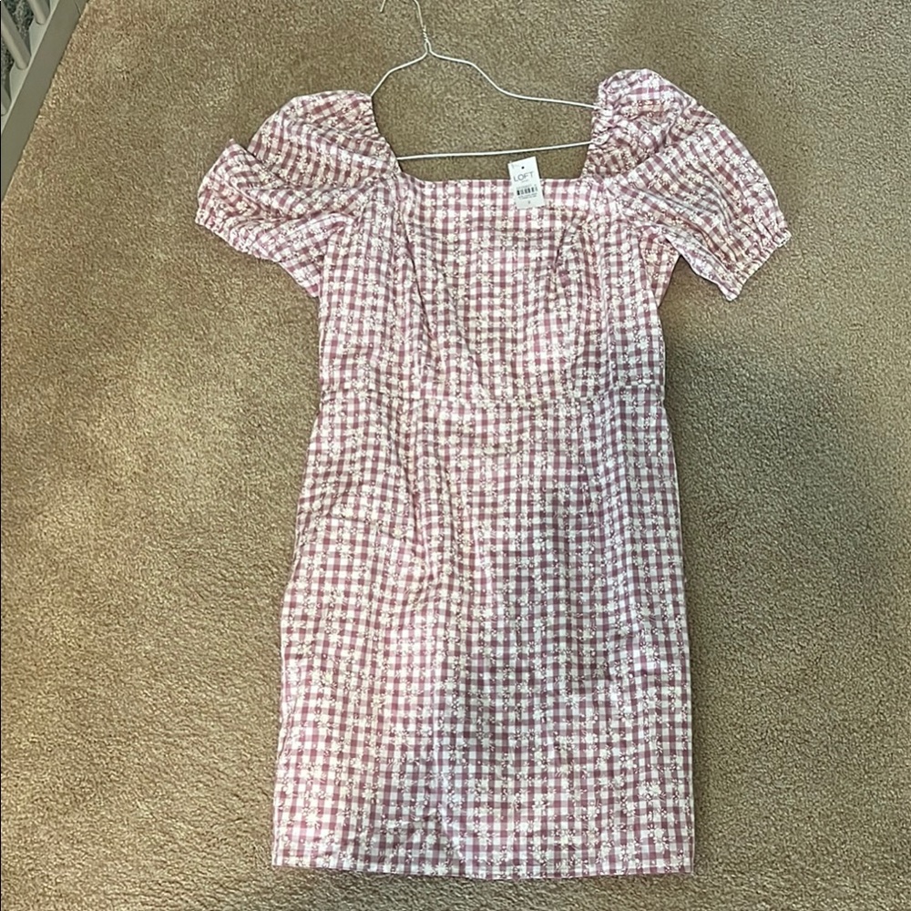 LOFT Pink Checkered Puff Sleeve Mini Dress